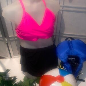 Hot Pink Bikini Top with Black Swim Skirt Cover